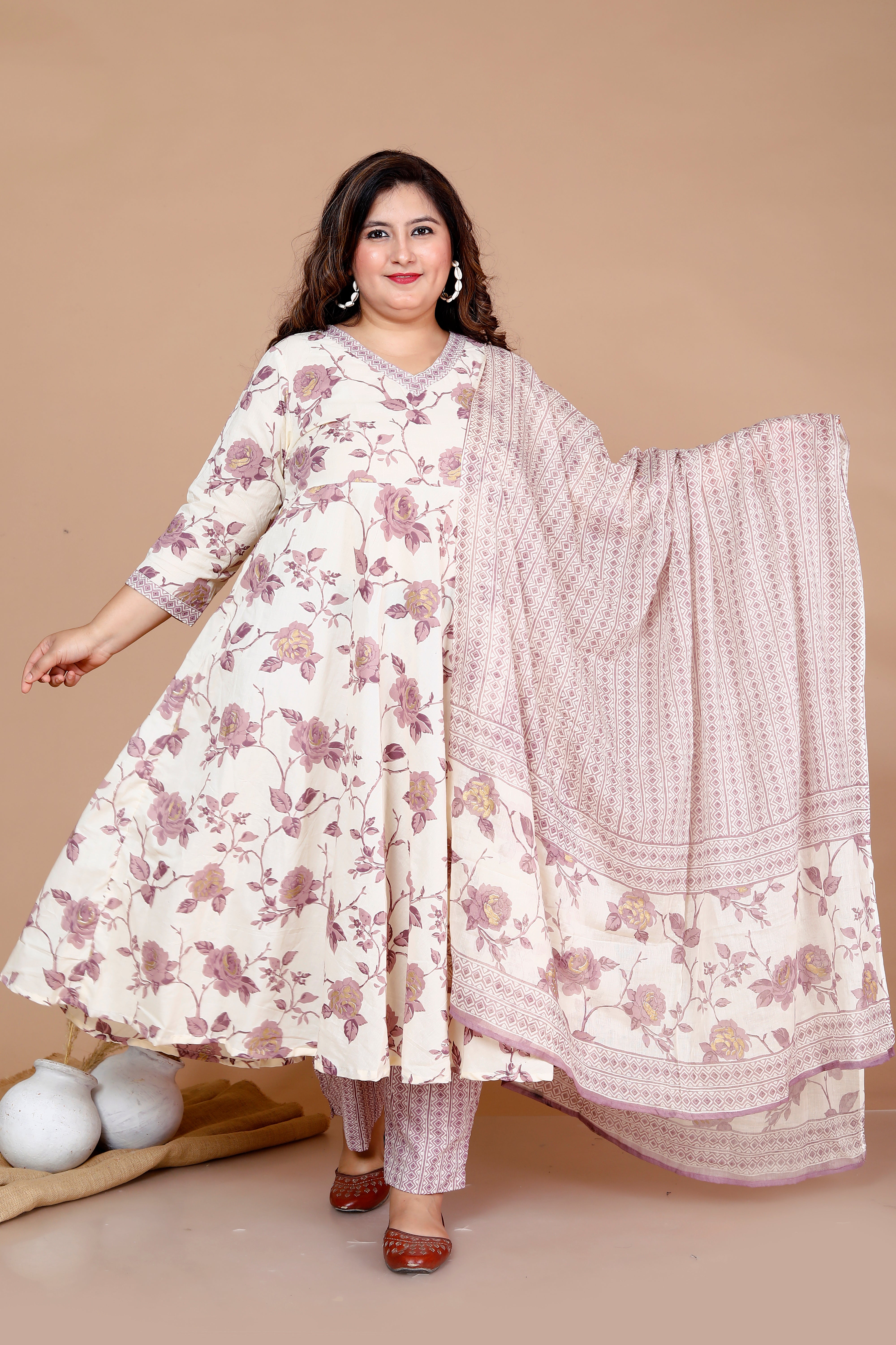 Pink Floral Printed Cotton Anarkali Kurta with Palazzo and Dupatta Set